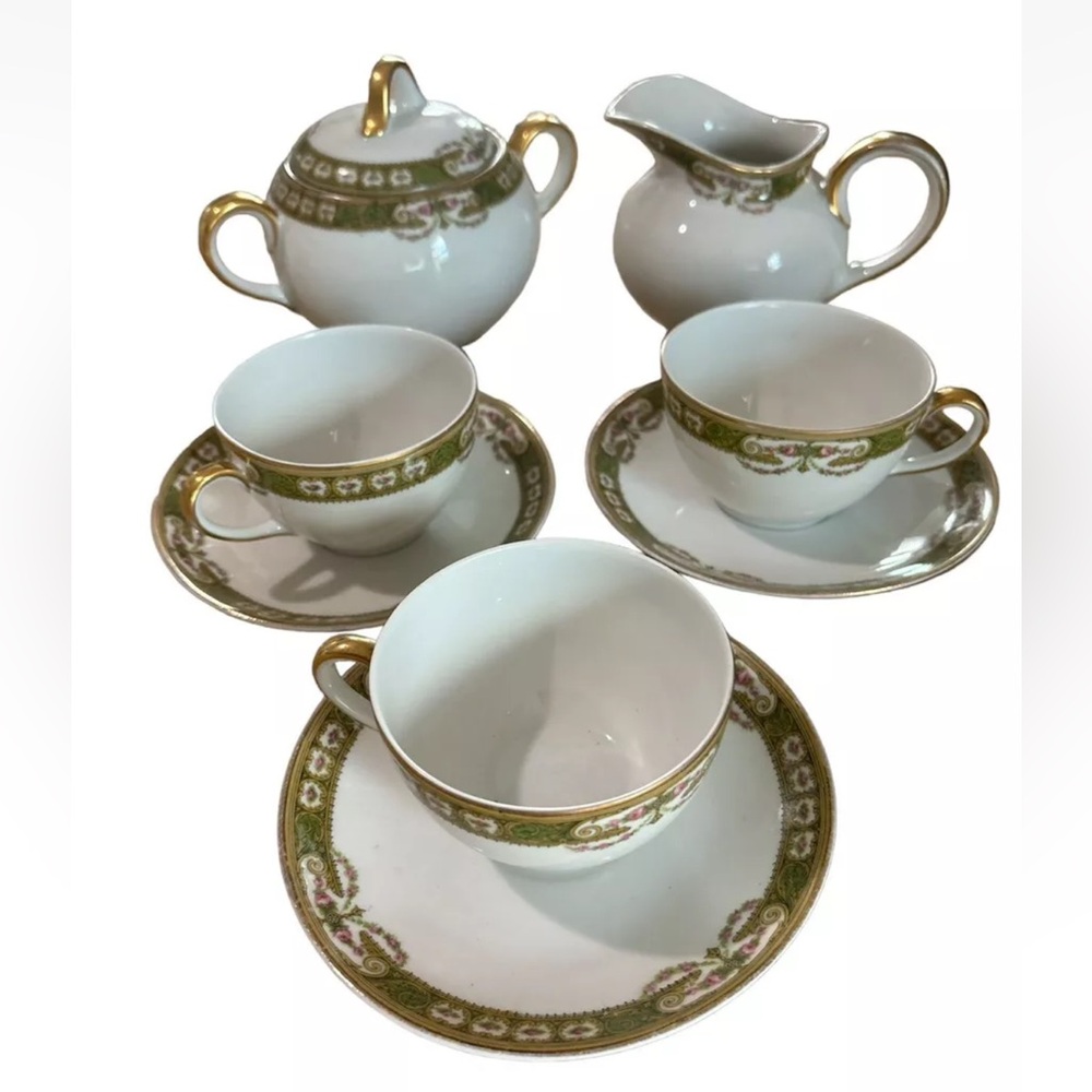 Limoges A-F France Tea Set Creamer, Sugar Bowl 3 Tea Cups/saucers early 1900 VTG